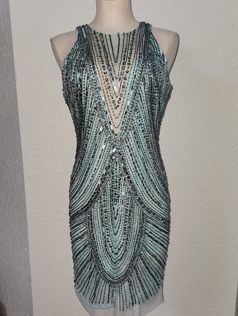 Embellished Mint Green Mini Dress with Sheer Yoke